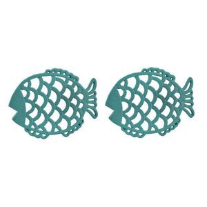 2 Piece Turquoise Cast Iron Filigree Fish Decorative Trivet Set